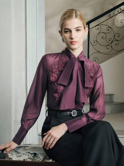 Anewsta Vacation Style Sexy Sheer Applique Decor Tie-Up Bow Blouse For Women