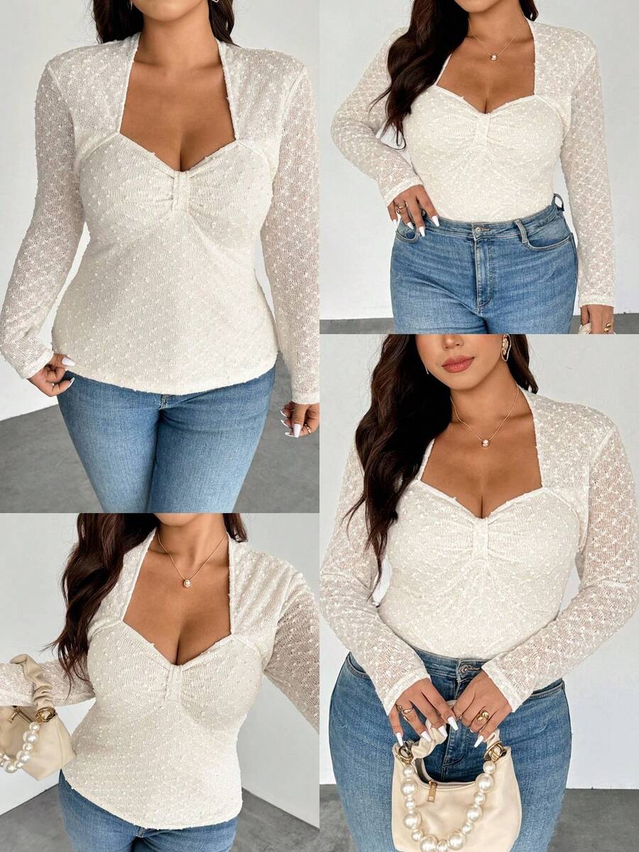 Firerie Femmes grande taille Élégant décontracté Vacances Minimaliste Froncé Col V Texture Tissu extensible Manches longues T-shirt, Automne/Hiver - Nude - Voir 1