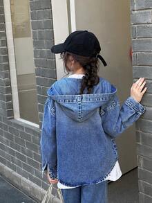 SHEIN Denimly Tween 女童学院风休闲日常都市街头牛仔连帽开衫，宽松舒适百搭简约百搭