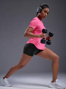 Powerista 女式简约印花圆领短袖运动T恤健身衫 - 玫紅色 - 查看 4