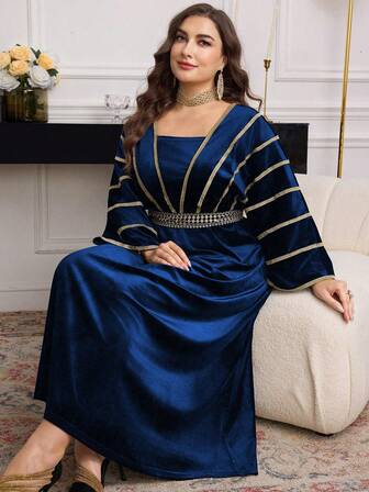 Modelyn Elegant sammetsklänning med guldfärgad blommig spetskant och fladdermusärm, åtsittande midja och a-linjeformad klänning i plusstorlek, lämplig för vår och höst