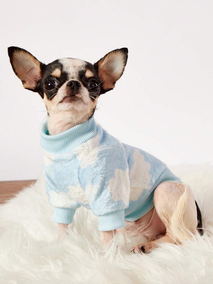PETSIN 1件白色云朵法兰绒宠物服，厚实保暖的蓝色法兰绒宠物服装 - 藍色 - 查看 1