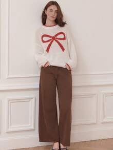 lacRébo Cosy Oversized Jumper With Red Bow Front Detail Cute Spring Summer  New Year White Sweater - Red and White - View 4