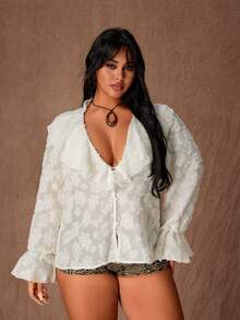 Sunspun Blusa plus size sexy e elegante com decote em V, babados em jacquard e mangas compridas, ideal para festas, Dia dos Namorados e encontros românticos. - Damasco - Ver 2