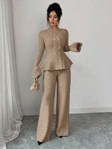 Elenzga 两件套：优雅休闲通勤蓝色立领喇叭袖收腰开衫和直筒针织衫，秋冬款 - 駝色 - 查看 3