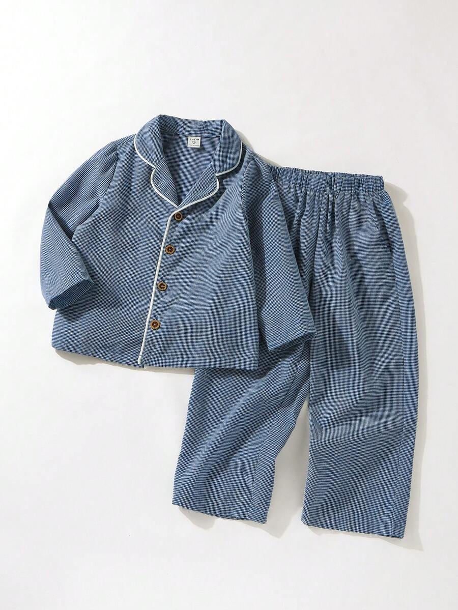 Maija Kids 男童蓝色格子拼接白色抽绳领开衫和裤子休闲睡衣 - 藍白色 - 查看 1