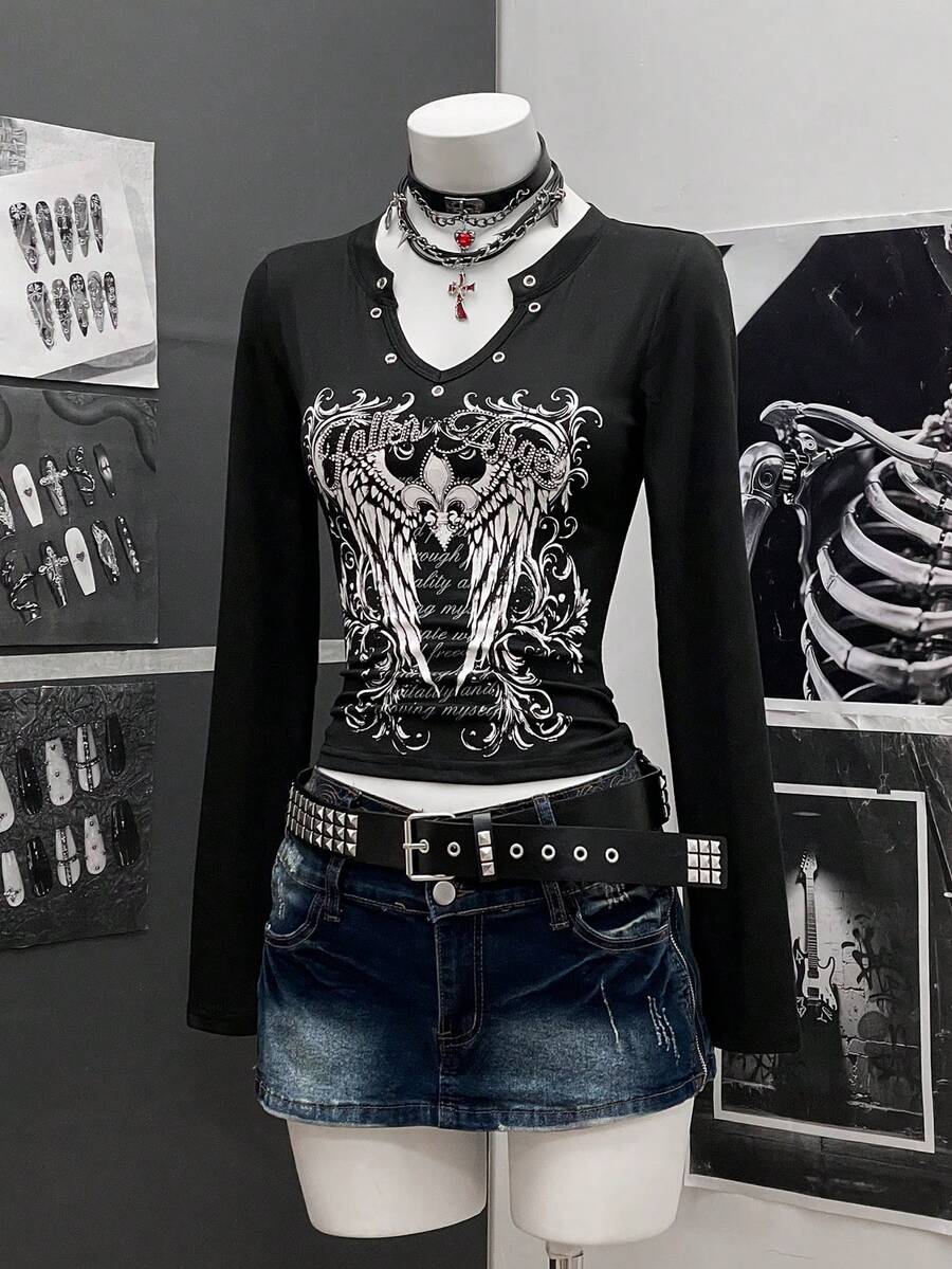 StreetHx 女款军绿色印花水钻装饰街头风 Y2K 酷炫返校休闲长袖T恤 - 黑色 - 查看 1