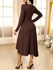 SHEIN Lady 女式纯色不对称领口长袖褶饰腰部休闲连衣裙 - 咖啡 - 查看 2