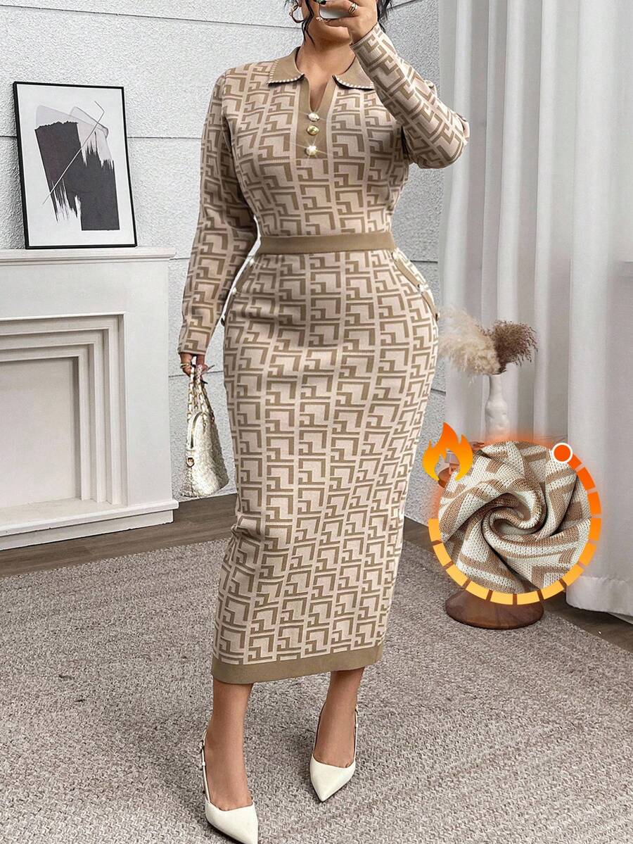 Modelyn 加大码几何印花长袖上衣和裙子优雅毛衣套装女士秋冬装 - 杏色 - 查看 1