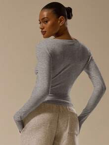MUSERA ESSENTIALS Fitted Scoop Neck Long Sleeve Cotton Blended Top Classy Basic Sexy Spring Summer Holiday - Grey - View 4