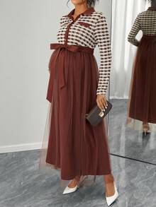 SHEIN Elegant Maternity Commuter Dress With Mesh Patchwork And Houndstooth Pattern