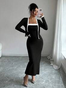 SHEIN Elenzya 两件套女士优雅撞色长袖开衫吊带裙套装，适合派对、家庭聚会、圣诞节、万圣节、情人节、新年、通勤和日常休闲穿着，秋冬季 - 黑色 - 查看 5