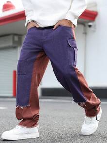 GALLERY FADE 男士撞色毛边休闲工装牛仔裤 - 酒紅色 - 查看 4