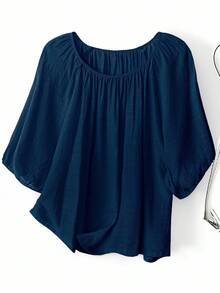 SHEIN LUNE CURVE Plus Size Solid Color Round Neck Pleated Casual Versatile Short Sleeve Shirt - Navy Blue - View 1