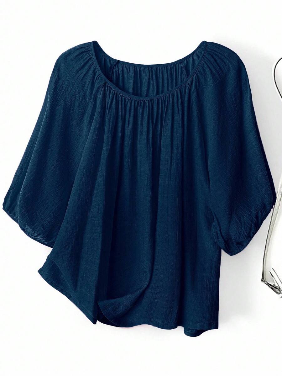SHEIN LUNE CURVE Plus Size Solid Color Round Neck Pleated Casual Versatile Short Sleeve Shirt - Navy Blue - View 1