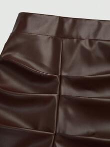 Sweetra Plus Size Pleated PU Leather A-Line Mini Skirt, Slit Design, Flattering Fit Fall - Brown - View 5