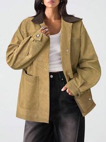 LYSMO Áo khoác cổ màu tương phản thời trang thu đông dành cho nữ - Màu Khaki - Xem 5