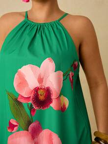 Travachic Plus Size Romantic Green Floral Print Halter Tie Strap Vacation Mini Dress For Women - Green - View 6