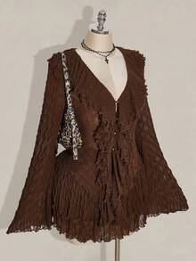 SHEIN ICON Plus Size Women's Autumn/Winter Warm Sexy Hot Retro Millennial Style Y2K Modern Fashion Individual Bohemian Style Western Style Multi-Layered Ruffled V-Neck Flared Sleeve Knitted Textured Fabric Shirt Cake Skirt Brown Suit - Chocolate Brown - View 4