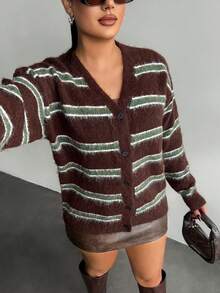 SHEIN SXY New Autumn/Winter American Sweet Casual Loose Streetwear Personalized Women Cardigan Sweater - Coffee Brown - View 7