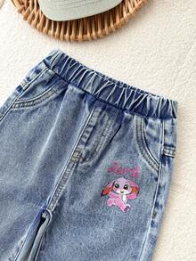 SHEIN Baby Girl Pink Cartoon Rabbit Pattern Blue Denim Loose Harem Pants,Pink And Blue,Summer,Casual,School,Fall,Winter,Fashionable Streetwear,2000s Jeans - Medium Wash - View 9
