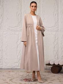 Al Najma Women's Elegant Pearl Pleated Open Front Abaya - Khaki - View 4