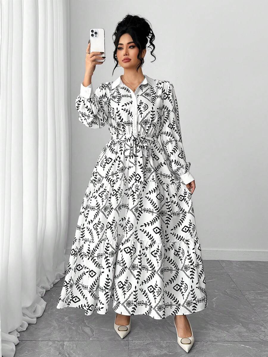 Elenzga Women's Fashionable Elegant Turndown Collar Long Sleeve Waist Cinched Shirt Dress - Multicolor - View 1