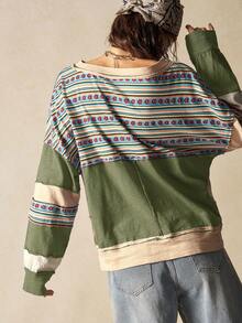 Bohemela Casual Knit Patchwork Round Neck Long Sleeve Loose Blouse For Women - Multicolor - View 7