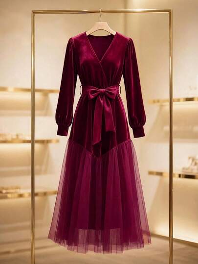 Regalyn Plus Size Women's Velvet Patchwork Mesh A-Line Elegant Everyday Commute Fashion French Street Retro Versatile Christmas Party New Year Holiday Business Dress, Long Sleeve, Wine Red, Autumn/Winter