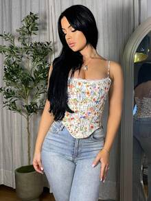 Vassilux 女士花卉印花撞色蕾丝吊带背心夏季假日上衣 - 彩色 - 查看 3