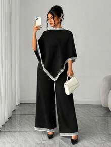 Elenzga Fashionable Casual Elegant Black Asymmetrical Plus Size Sweater Set, Autumn/Winter - Black - View 1