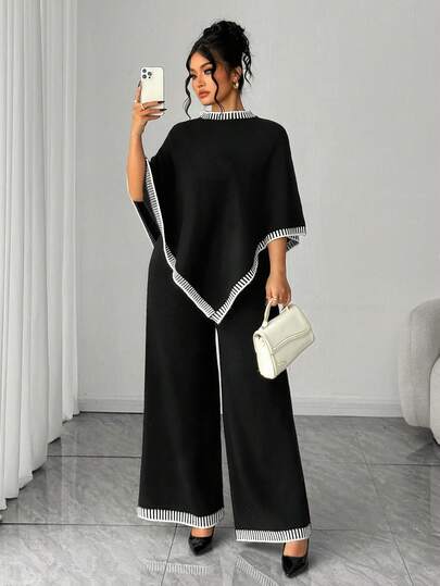 Elenzga طقم كنزة صوفية أنيقة وكاجوال بتصميم غير متماثل للمقاسات الكبيرة، خريف/شتاء