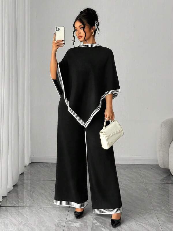 Elenzga 时尚休闲优雅黑色不对称加大码毛衣套装，秋冬款