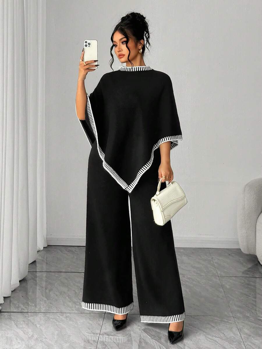 Elenzga Fashionable Casual Elegant Black Asymmetrical Plus Size Sweater Set, Autumn/Winter - Black - View 1