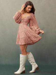 WESTFADE 刺绣雪纺甜心领蝴蝶结前襟长泡泡袖后背褶皱层叠荷叶边A字迷你连衣裙，可爱秋季女装，乡村音乐会服装，波西米亚风，休闲，秋冬皆宜 - 淺粉色 - 查看 3