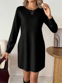 SHEIN LUNE Women's Crew Neck Long Sleeve Solid Ribbed Casual Shift Mini Dress Long Sleeve Black Dress,Casual - Black - View 4