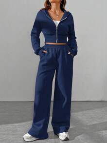 SHEIN EZwear 女士休闲藏蓝色拉链连帽衫和裤子套装（2件套），冬季服装 - 藏蓝色 - 查看 7