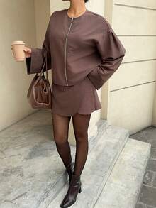 Siren Gaze 女士纯色圆领长袖拉链宽松上衣和A字裙两件套 - 咖啡棕 - 查看 3