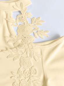 Maglietta a maniche lunghe da donna Elenzga, elegante e sexy, con decorazione floreale ricamata in pizzo, scollo a V, orlo asimmetrico, silhouette aderente, adatta per vacanze, appuntamenti, attività quotidiane, feste - Cachi - Visualizzare 5