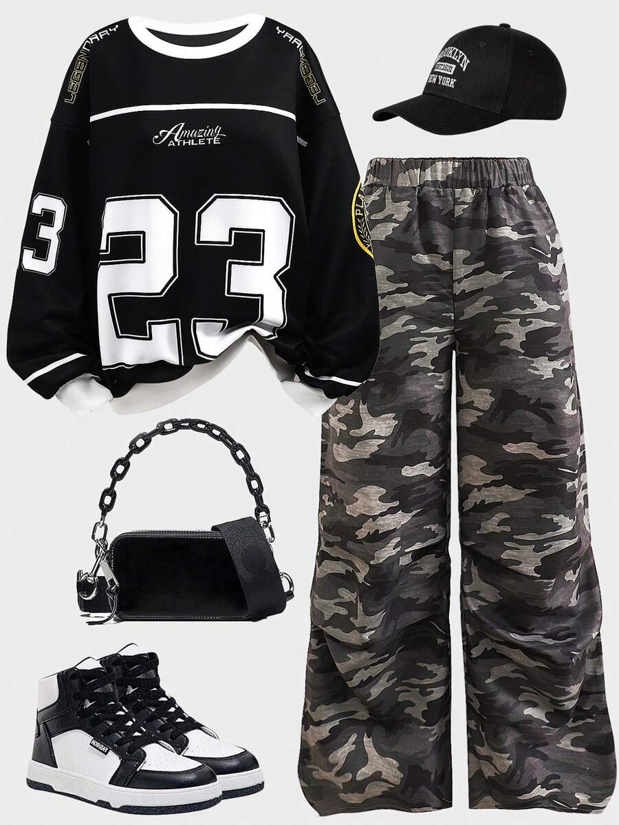 Girlism 少女秋冬白色V领针织字母印花棒球衫，宽松卫衣上装搭配迷彩阔腿裤两件套休闲套装