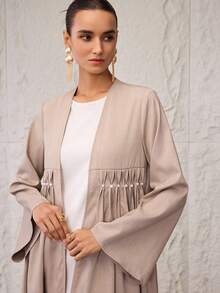 Al Najma Women's Elegant Pearl Pleated Open Front Abaya - Khaki - View 3