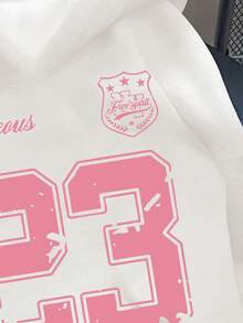 SHEIN Leap Crew 少女休闲简约运动风返校学院风字母数字23徽章印花宽松舒适卫衣，白色，适合秋冬季节穿着，粉色23卫衣，白色卫衣，可爱 - 彩色 - 查看 3