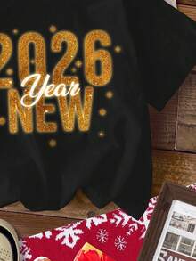 SHEIN Leap Crew 少女新年快乐，可爱卡通新年圣诞彩灯图案，适合跨界派对、聚会、家庭聚会、亲子装、休闲短袖宽松落肩T恤，适合夏季、圣诞节、新年、街头摄影、居家、假期、校园表演等场合。 - 彩色 - 查看 5