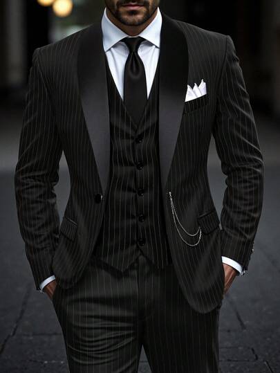 Manfinity Mode Fashionable British Gentleman's Choice, Party & Banquet Suit, Casual Suit Set Men Tuxedo Set Men 2 Piece Set Lapel Men Black Suit Set Men Pinstripe Suit Men Black And White Set
