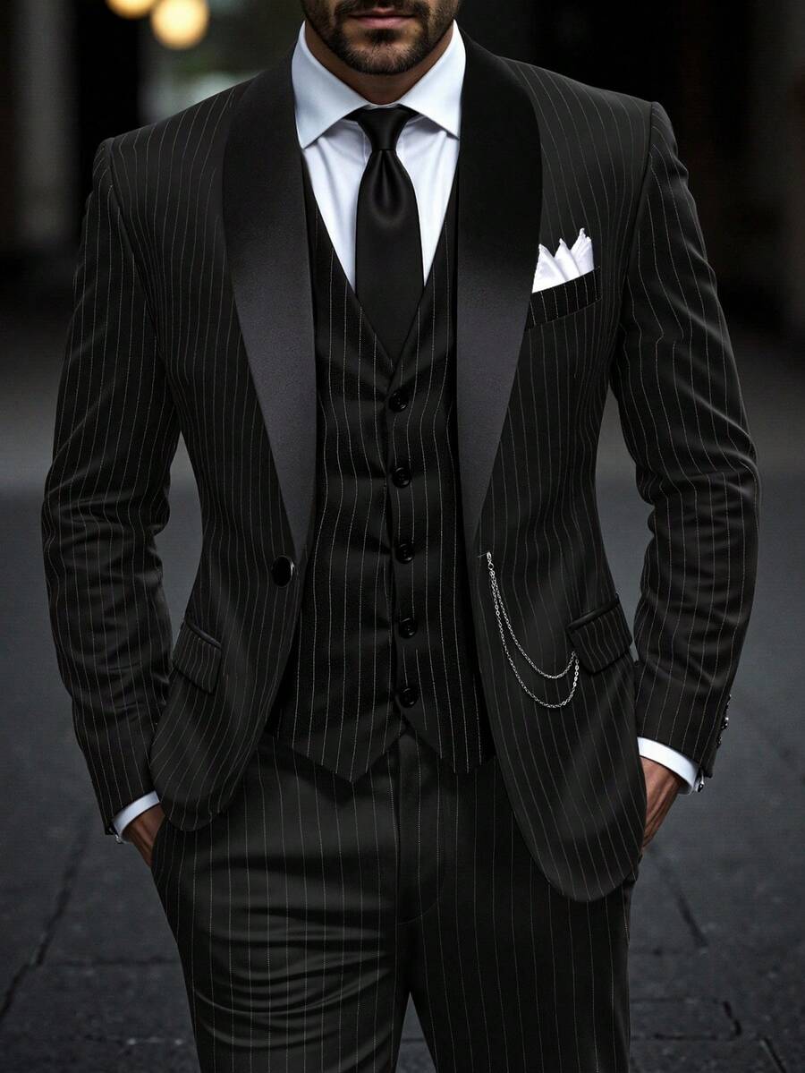 Manfinity Mode 时尚英伦绅士之选，派对宴会西装，休闲西装套装 - 黑色 - 查看 1