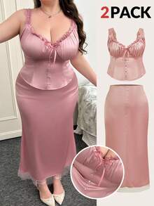 CovetEZ Damen Große Größen sexy romantischer Retro-Stil Trägerkleid mit Fischschwanz 2 Stücke Set - Altrosa - Übersicht 1