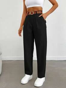 EURMUSE Women Solid Color Pleated Straight Loose Daily Casual Commuting Long Pants - Black - View 5