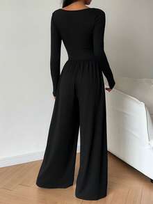 SHEIN MOOSTA 女士休闲两件套深V领长袖连体裤，秋季款 - 黑色 - 查看 2