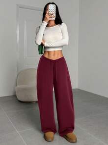 SHEIN EZwear 女士休闲宽松阔腿酒红色运动裤，适合毕业季、返校季和教师节穿着。 - 酒紅色 - 查看 5