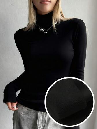 FRIFUL تي شيرت نسائي بياقة عالية مبطن حراري بلون سادة، خريف/شتاء